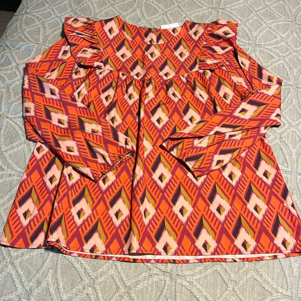 Women’s Printed Long-Sleeve Blouse - Orange Geometric Pattern